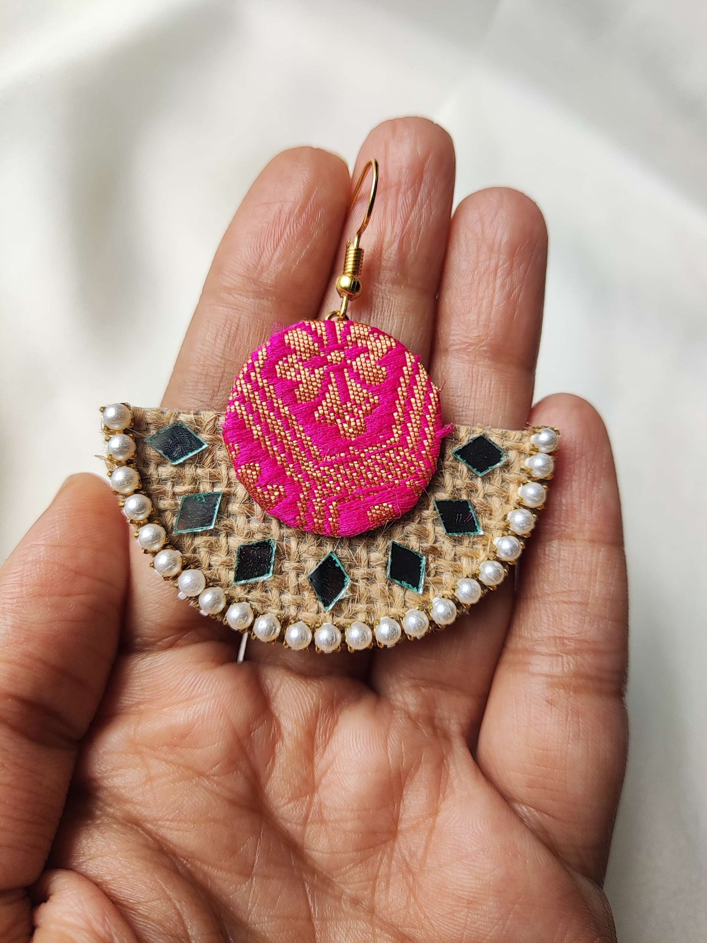 Pink and jute handmade fabric earring 