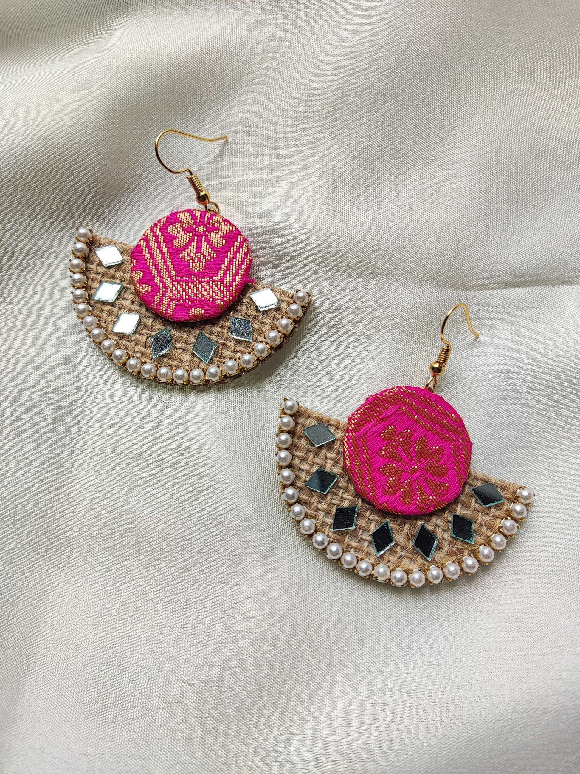 Pink and jute handmade fabric earring 