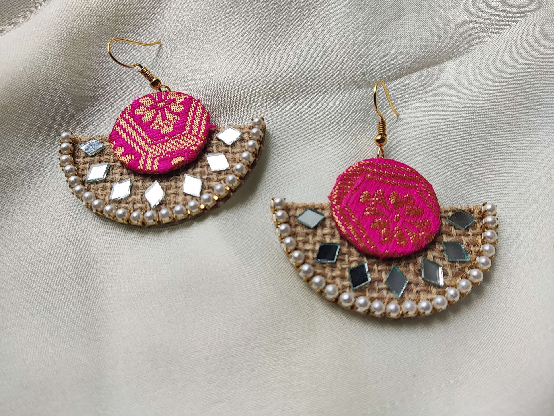 Pink and jute handmade fabric earring 