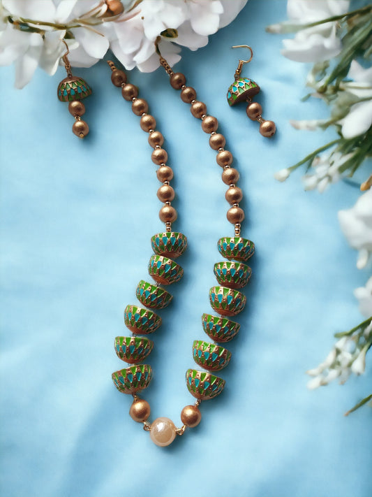 Blue and green with golden touch terracotta jewelry set for women