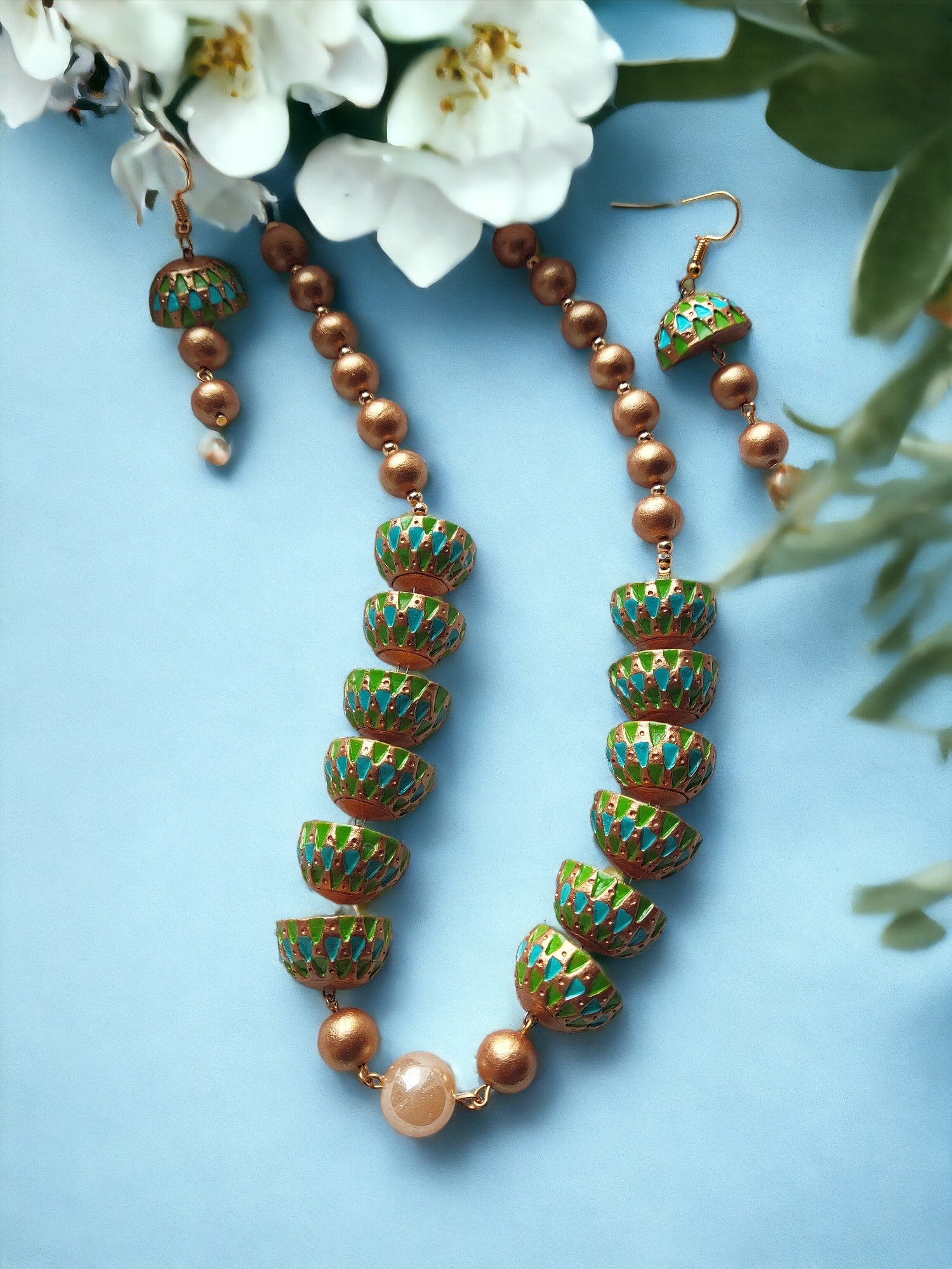 Blue and green with golden touch terracotta jewelry set for women