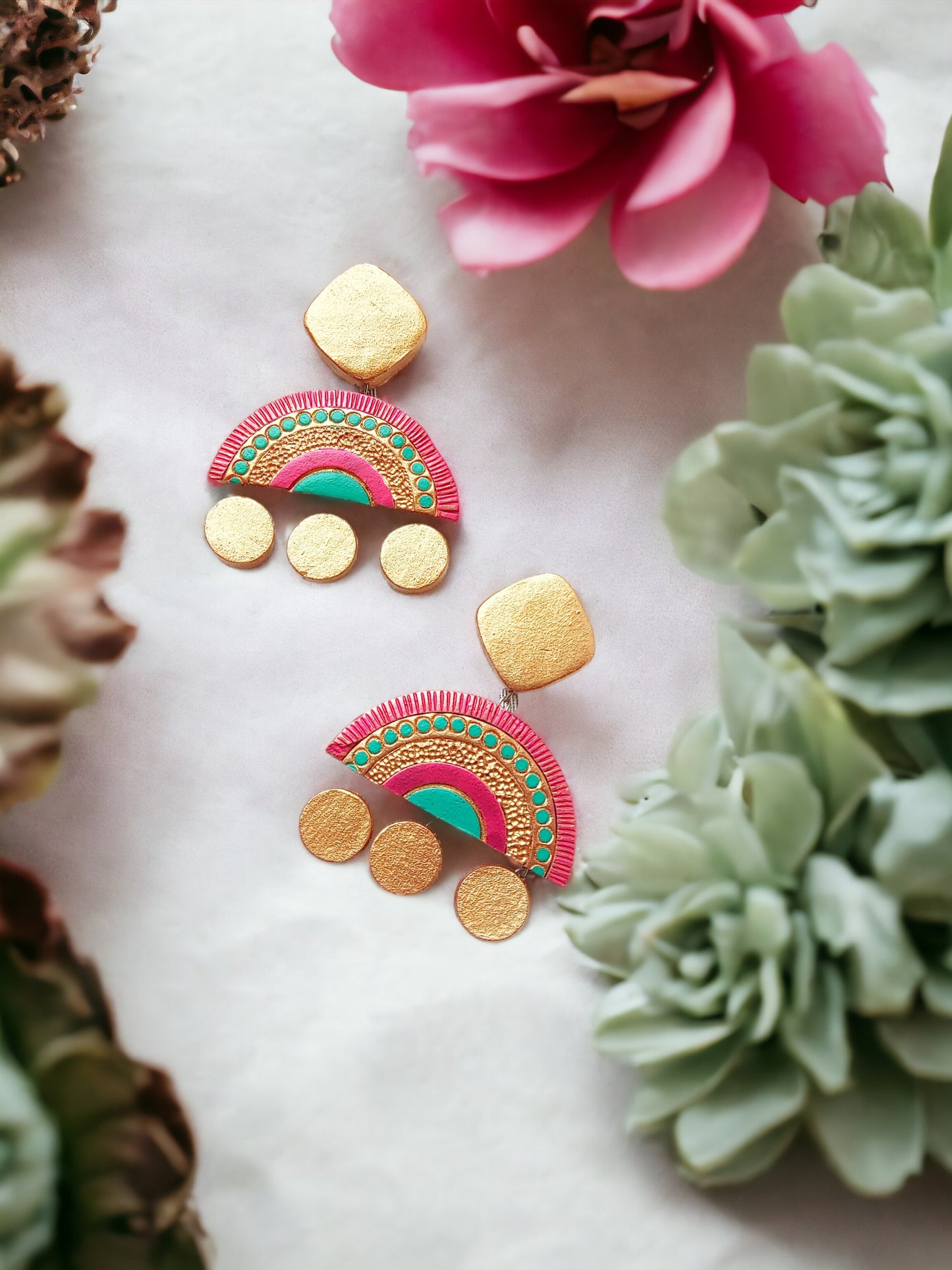 Multicolor with Golden finish Terracotta Earrings. handmade and light weight