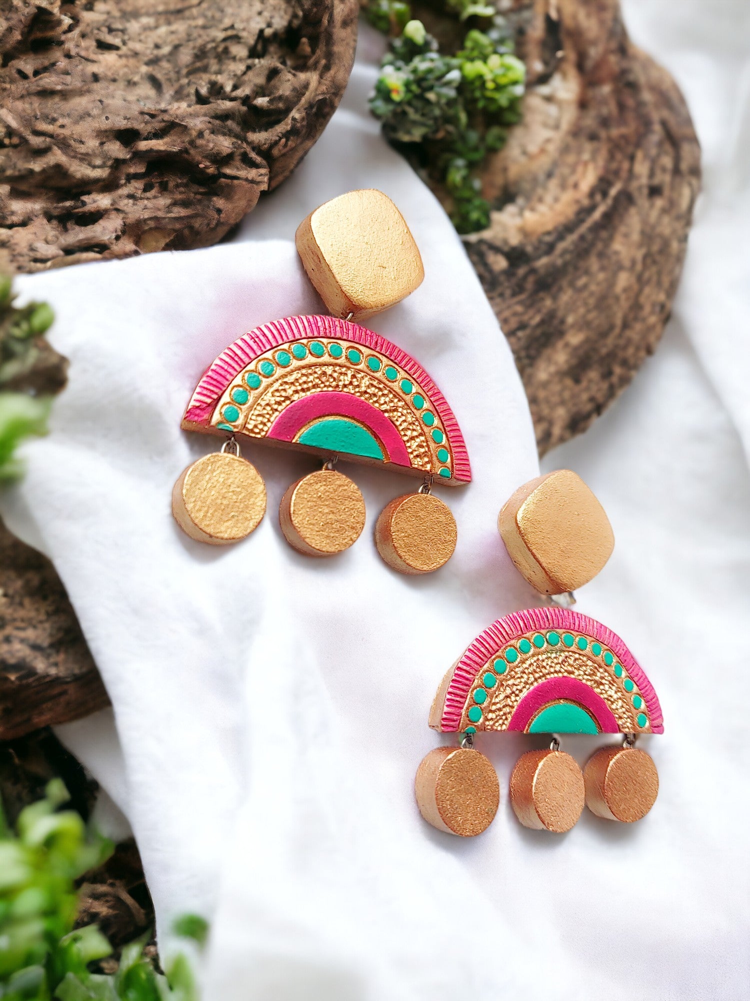 Multicolor with Golden finish Terracotta Earrings. handmade and light weight