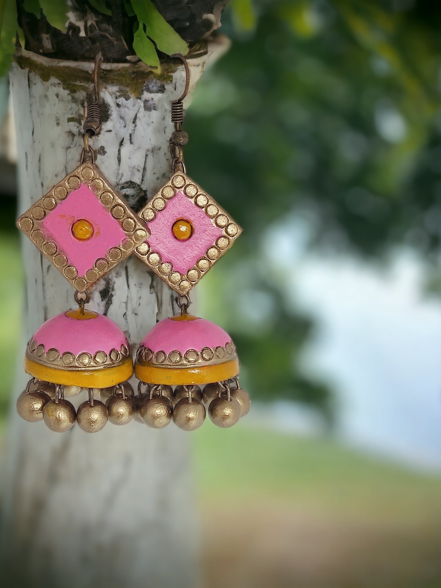 Pink Jhumka earring for women. Handmade, eco friendly and light weight earrings. color customization