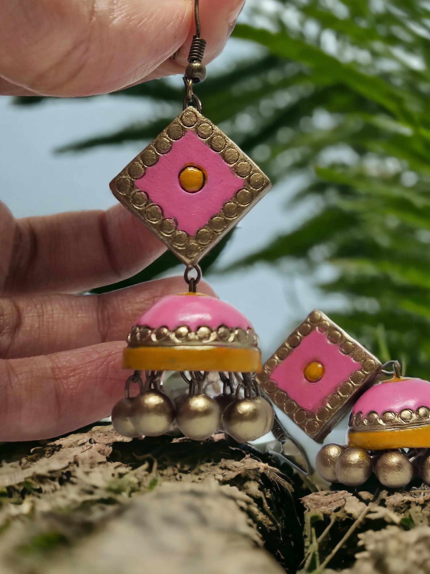 Pink Jhumka earring for women. Handmade, eco friendly and light weight earrings. color customization