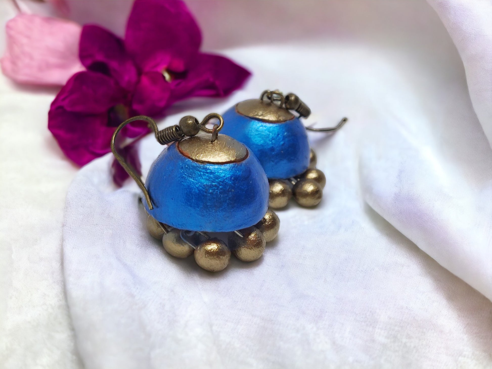 Sarala Royal Blue Jhumka terracotta Earring for women to pair with ethnic wear