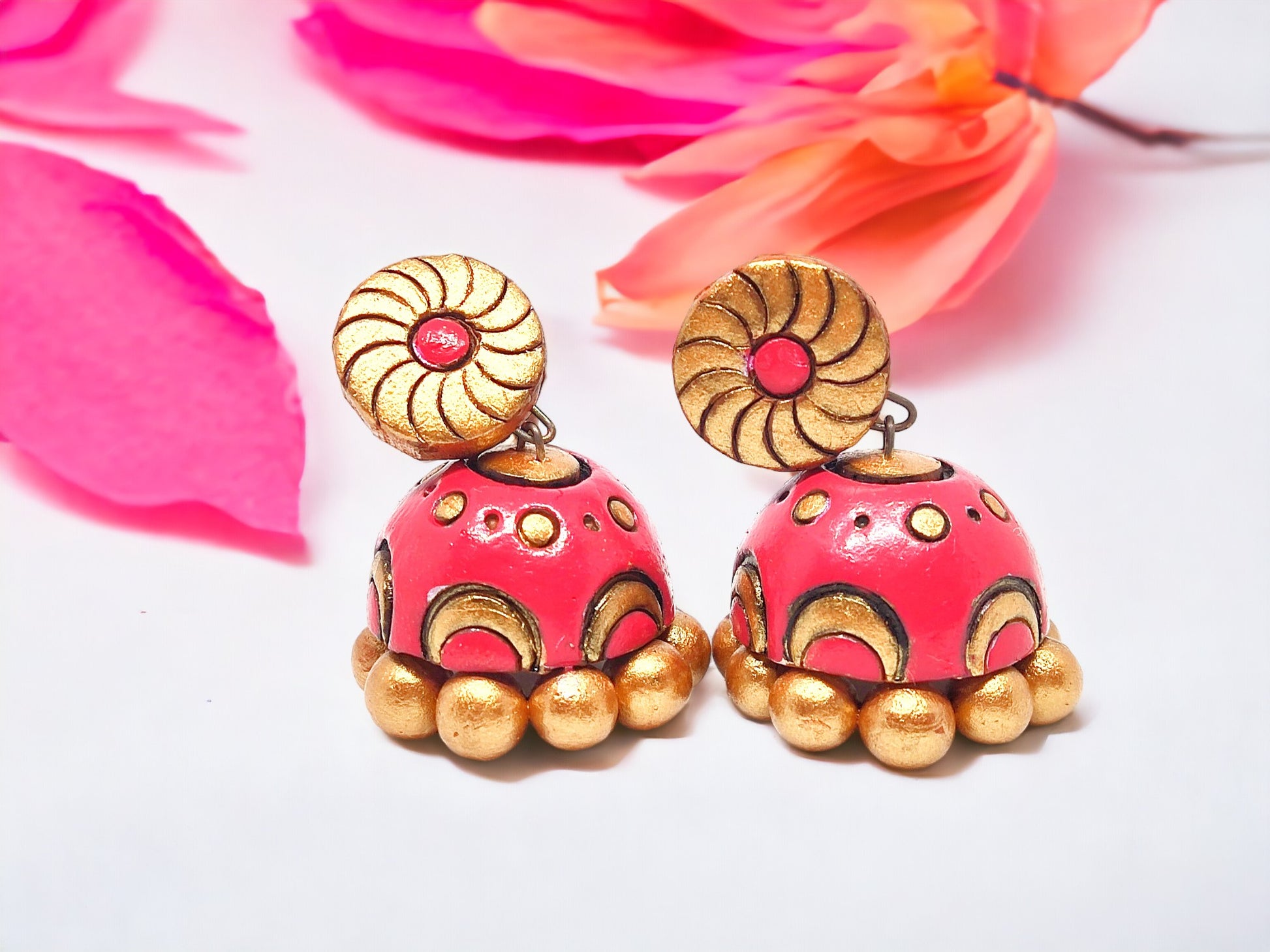 Pink and gold Terracotta small jhumka earring for women