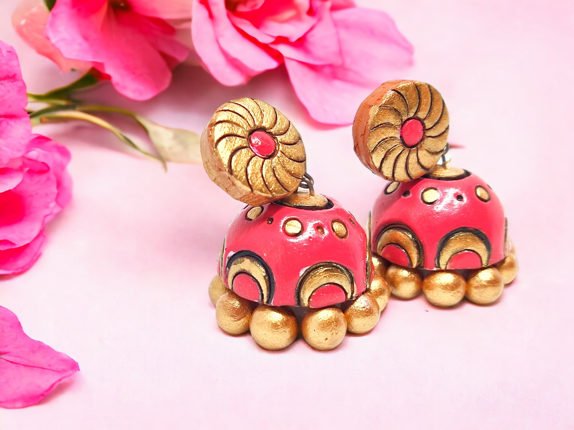 Pink and gold Terracotta small jhumka earring for women