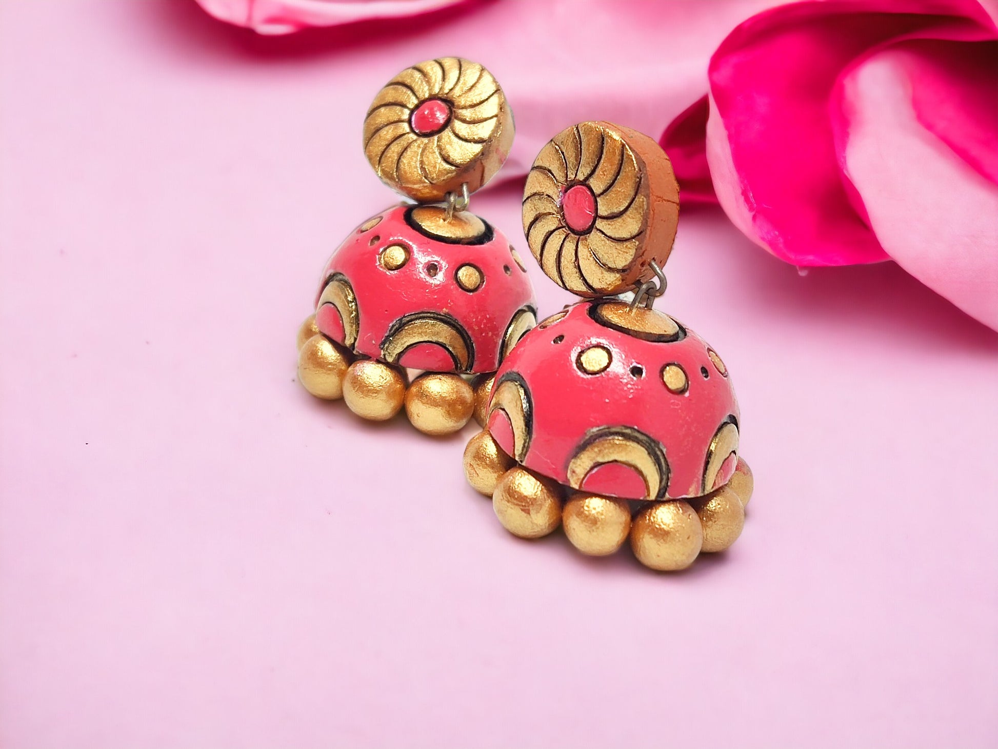 Pink and gold Terracotta small jhumka earring for women