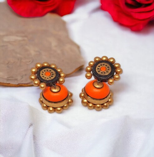 Orange Natrang Jhumka terracotta earring for women. light weight and eco friendly. made of love