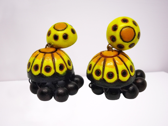 Yellow and black Terracotta jhumka earring for women