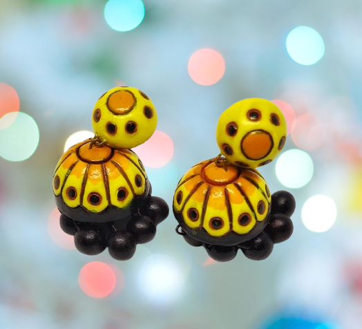 Yellow and black Terracotta jhumka earring for women 