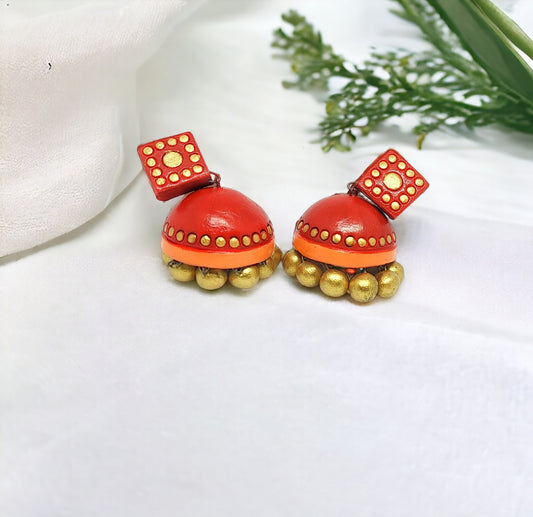 Red Gold Jhumka Terracotta Earring