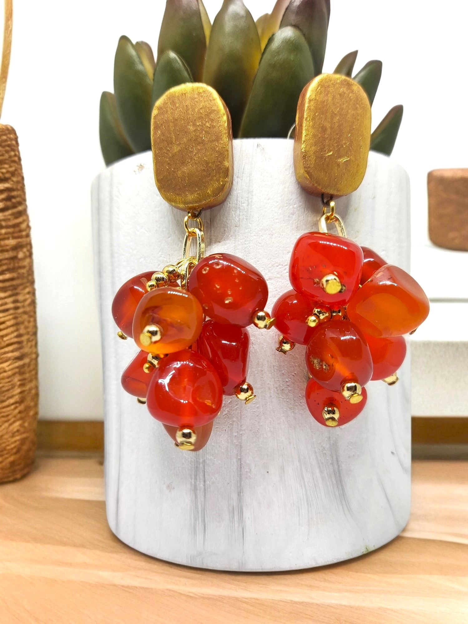 Make a statement with these Orange Nugget Earrings! Crafted with agate beads and a clay stud, these unique earrings add a pop of color to any outfit. Customize with your favorite hue and elevate your style with a touch of elegance. They are ready to ship and guaranteed to impress. Don't wait, order now!