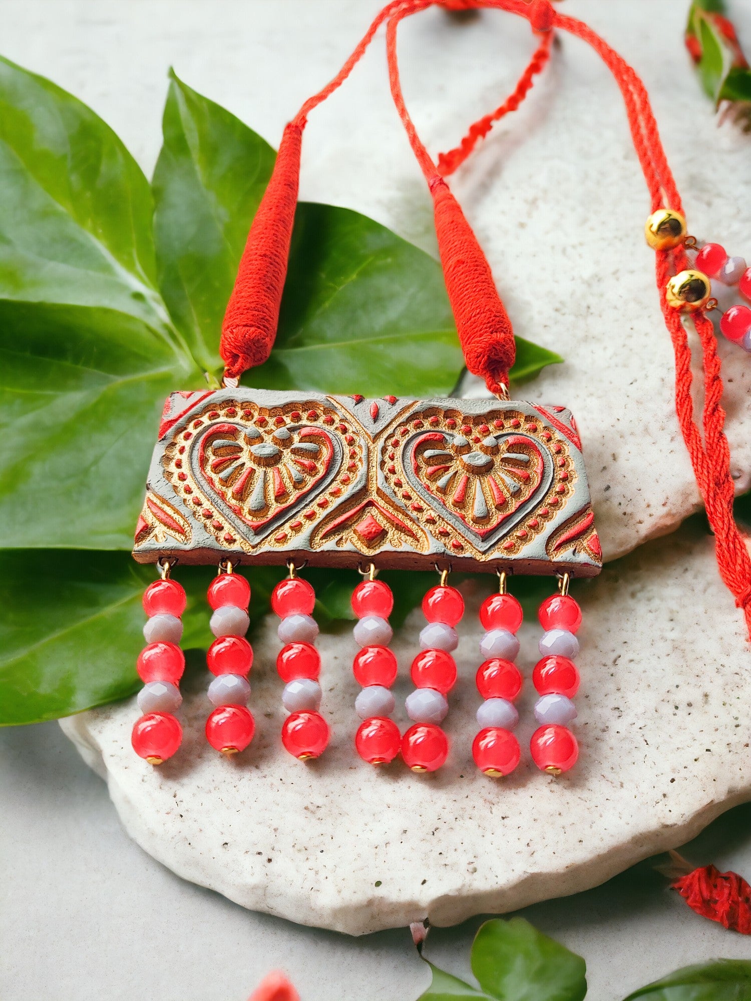 Heart Motif Terracotta Jewelry set Red and grey