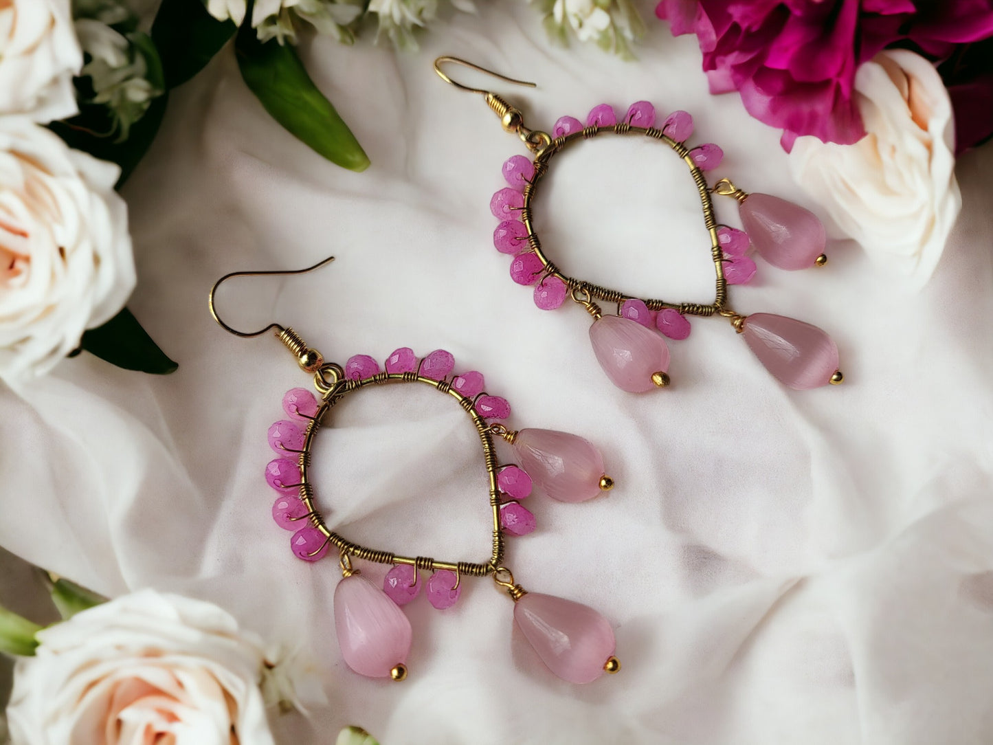 Fancy Pink Agate Beads Wrap Earrings for women