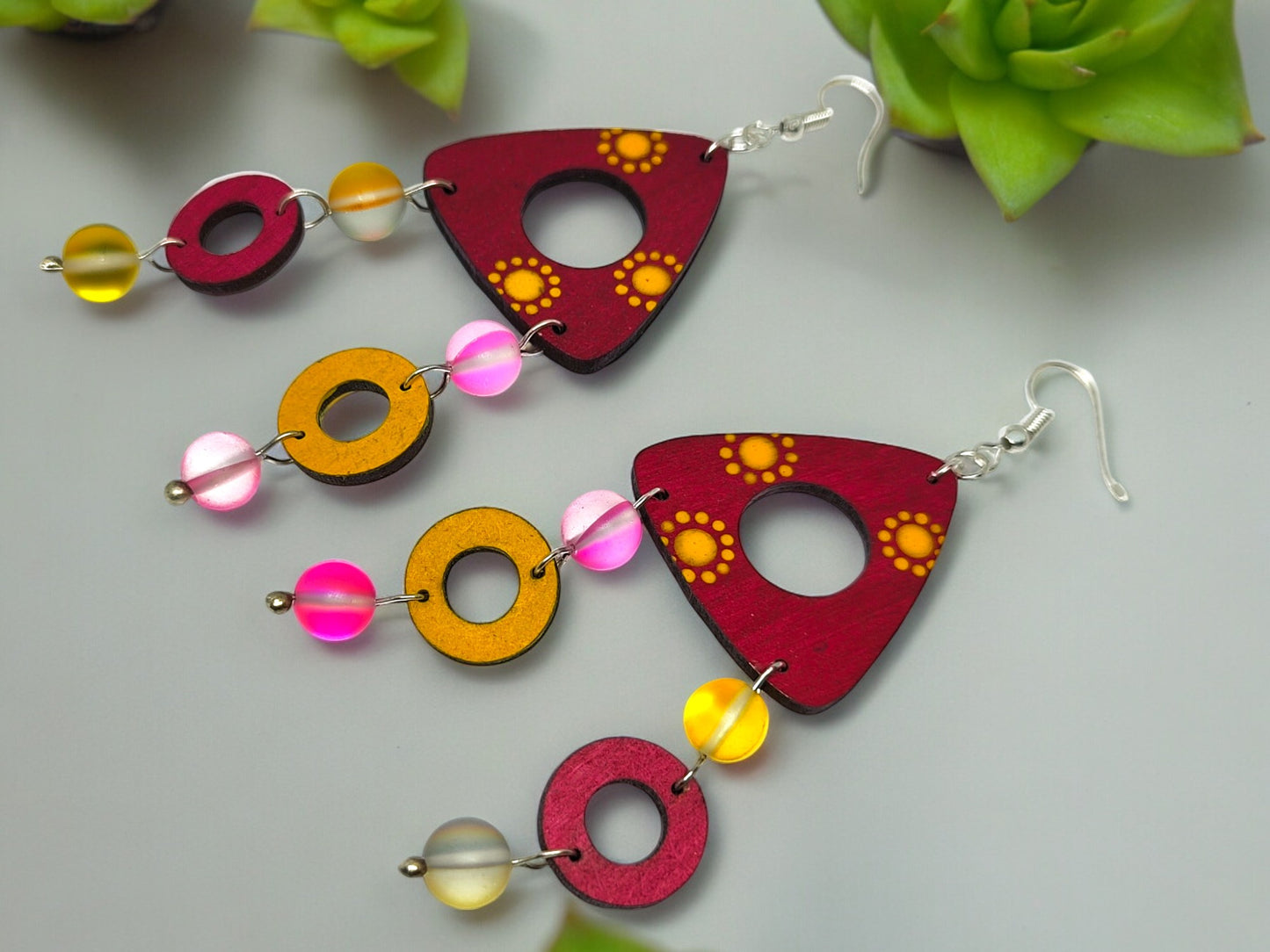 Pink and yellow Long Dangle Earring