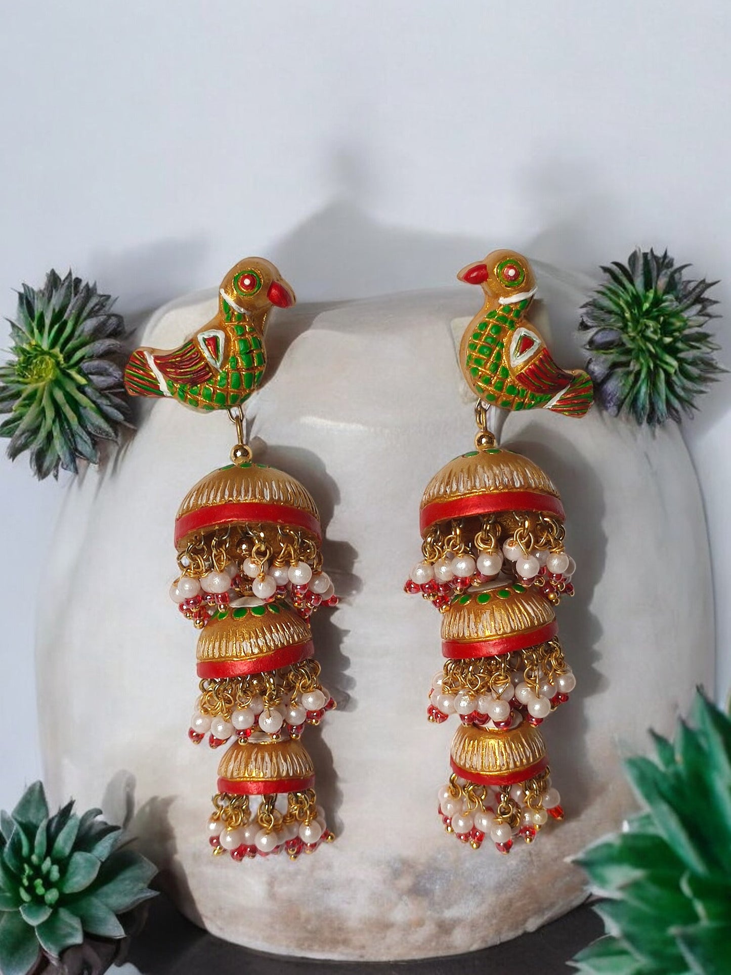 Parrot motif 3 Layer Terracotta Jhumka