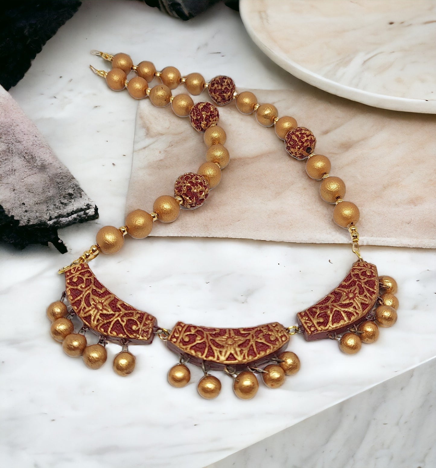 Maroon and Gold Terracotta jewellery set for women